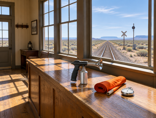 A sunlit wooden depot counter with a handheld air horn and a starter's flag, a desert rail line visible through the windows