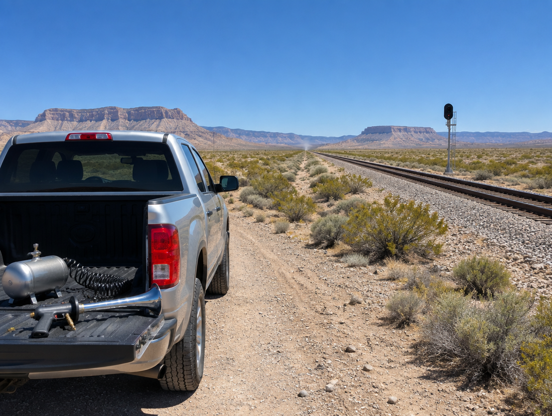 A handheld train horn gun on a pickup tailgate near a desert railway line crossing open scrub under a blue sky.
