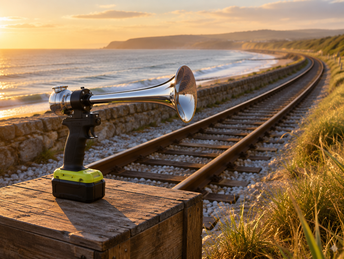 A handheld train horn with a lime green battery rests on a crate beside a coastal railway track at golden hour.