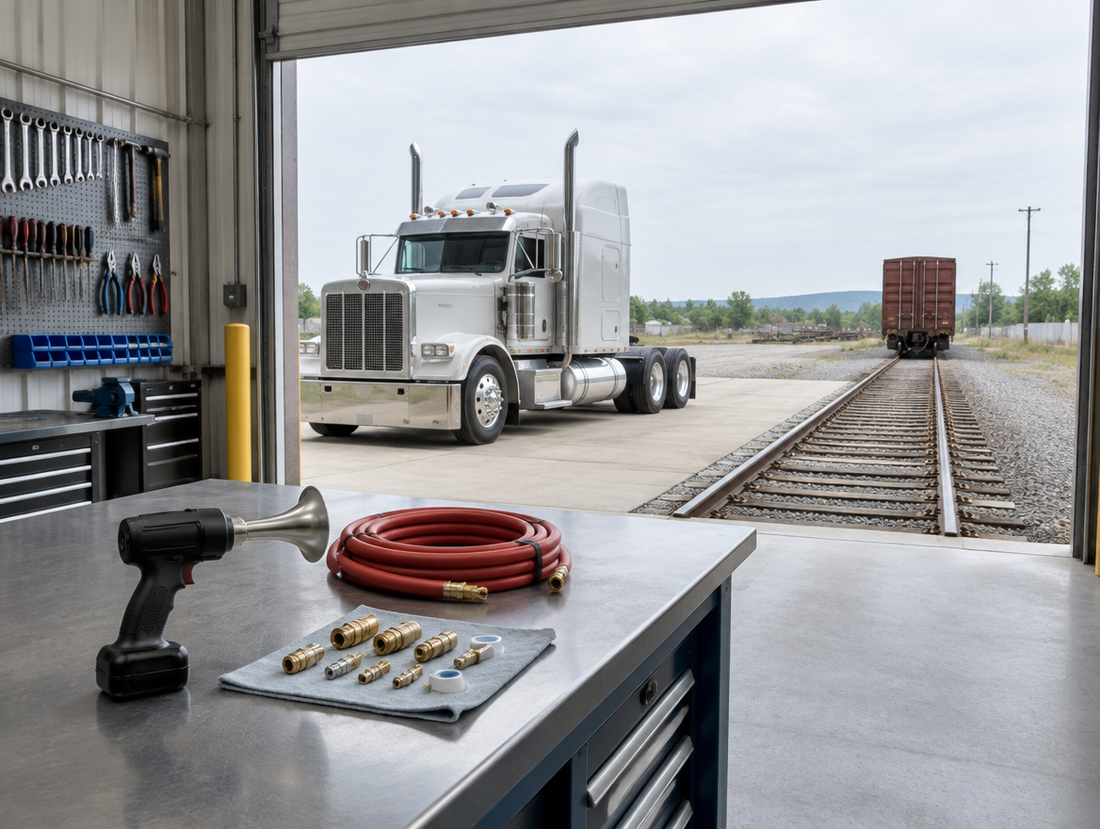 Workshop bench with a handheld horn gun and air-line fittings, a semi truck and railway track outside the open door.