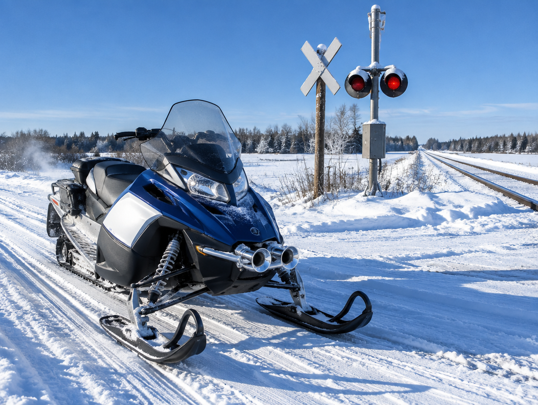 A snowmobile with a chrome air horn parked beside a snowy rural railway crossing under a clear blue winter sky.