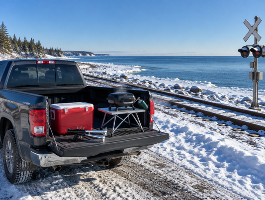 A pickup with a train horn gun, cooler and grill on its tailgate, parked in snow beside a seaside railway line.