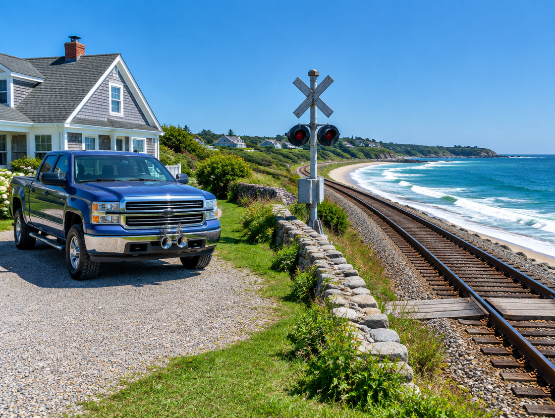 Pickup truck parked in a seaside driveway beside a coastal railway line under bright blue midday sky
