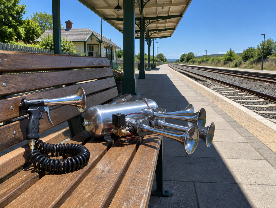 A handheld air horn gun and a tank-and-solenoid horn kit side by side on a sunny station platform bench beside the tracks.