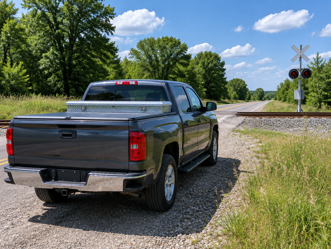 A pickup with a tonneau cover and crossover toolbox parked by a rural railroad crossing under a summer sky.