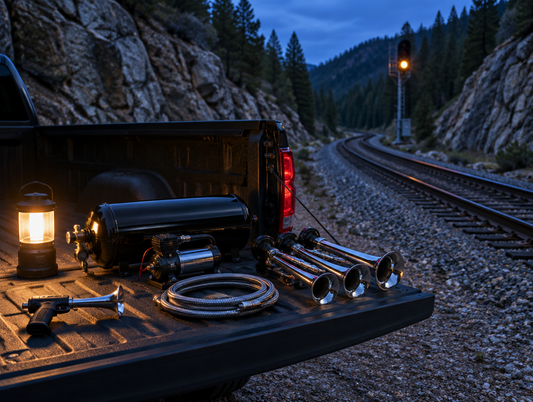 A handheld air-horn gun and a tank-and-compressor horn kit on a pickup tailgate beside a mountain railway at dusk.