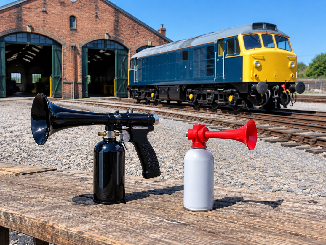 A train horn gun and a small aerosol air horn on a workbench beside an old brick engine shed and a locomotive.