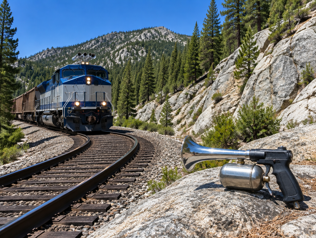 A handheld horn gun rests on a boulder beside a mountain railway as a diesel locomotive rounds a rocky, pine-lined curve.