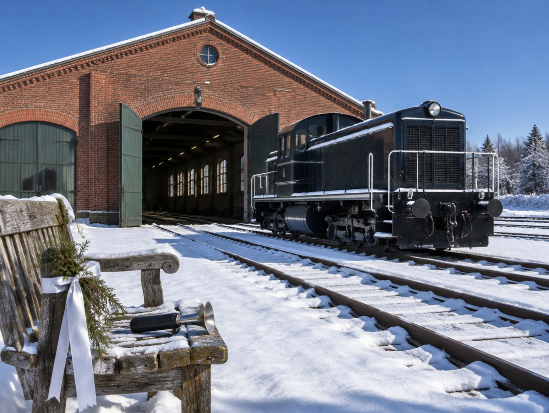 An old brick engine shed in fresh snow with a locomotive outside and a horn gun on a ribbon-tied bench nearby.