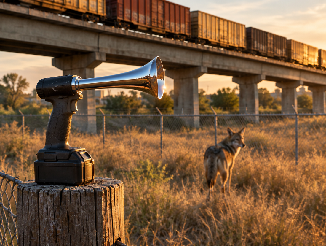 A handheld train horn on a fence post, with a coyote in the grass beneath an elevated railway viaduct at sunset.