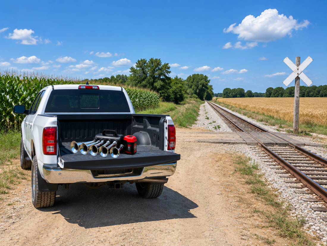 A five-trumpet horn with a red battery pack sits on a pickup tailgate at a dirt-track farm railway crossing.