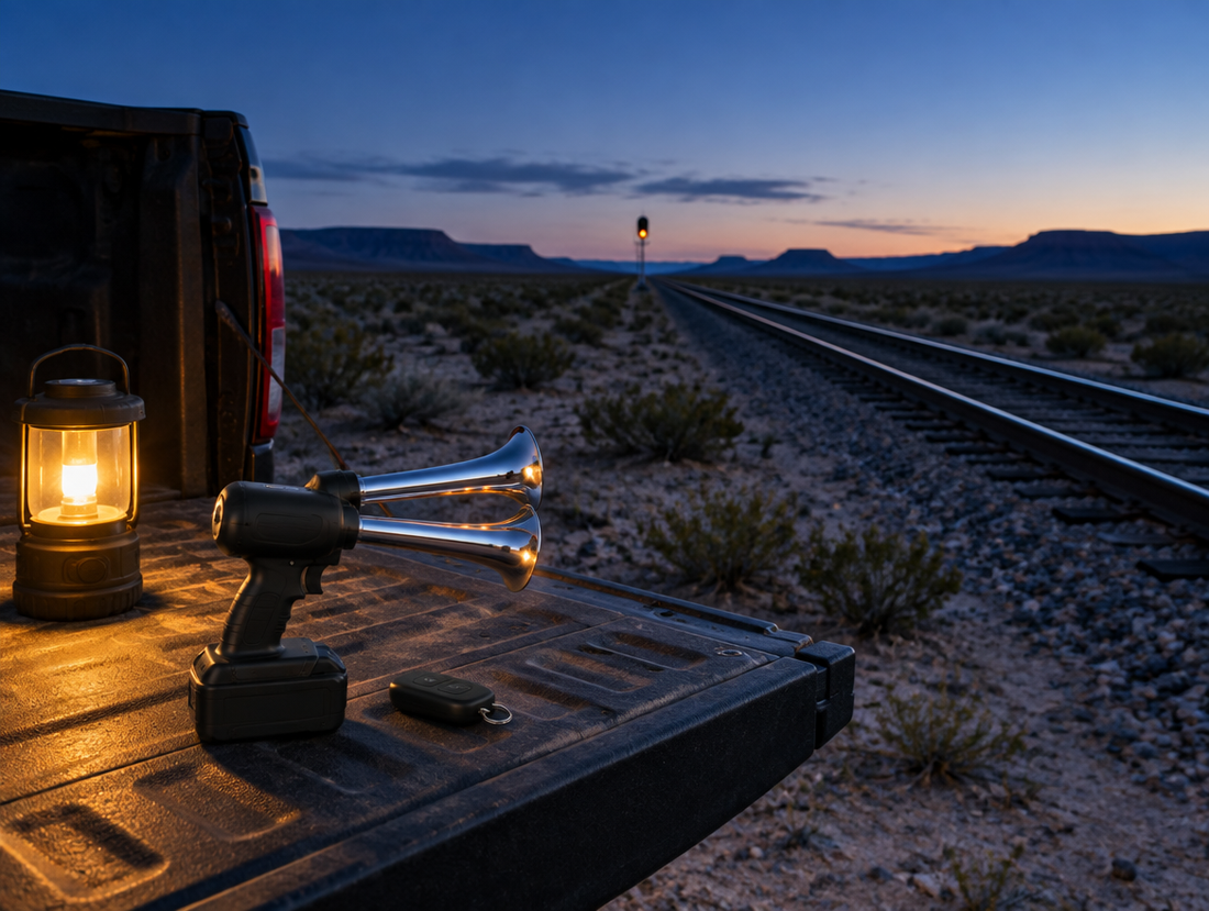 Handheld train horn with a cordless battery on a pickup tailgate beside a desert rail line at blue hour, lit by a lantern