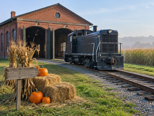 Old brick engine shed with a locomotive outside, hay bales, pumpkins and corn stalks beside the track on a clear morning