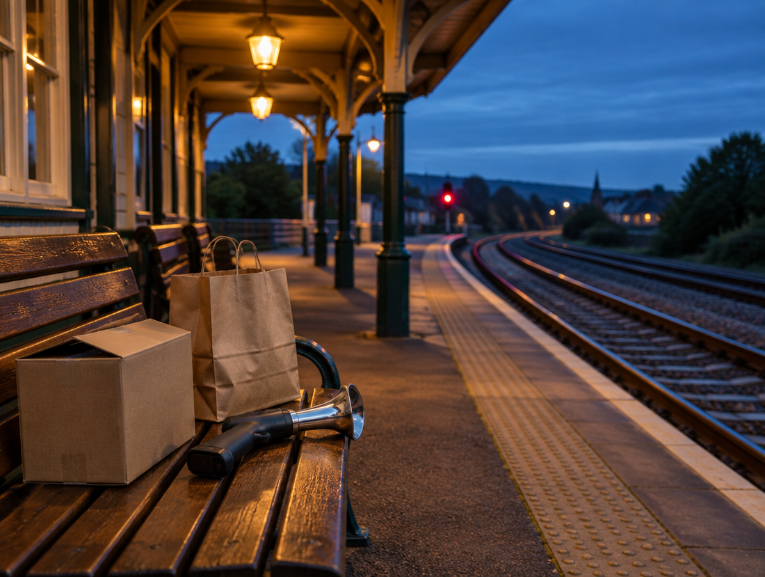 A new cordless horn and a shipping box on a bench under a lit station canopy at dusk, with rails curving away.