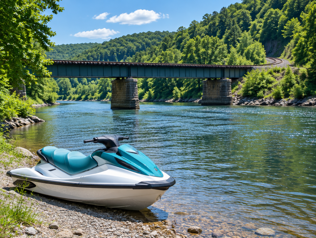 A personal watercraft beached on a sunny river shore below a single-track railway bridge in green hills.