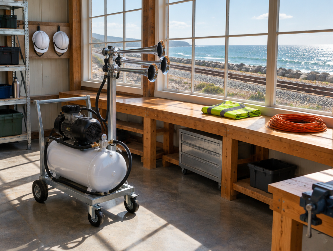A chrome three-trumpet air horn on a steel cart in a sunlit shed, with a coastal railway and sea outside the windows.