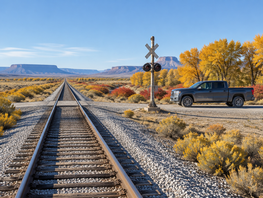A midsize pickup parked by a desert rail crossing, with golden cottonwoods and scrub under a wide autumn sky