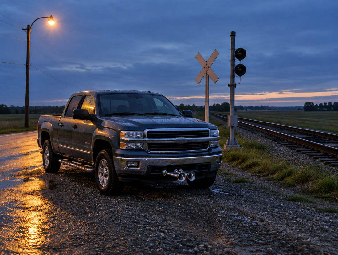 Pickup truck with a chrome train horn under its bumper, parked by a rural level crossing at dusk.