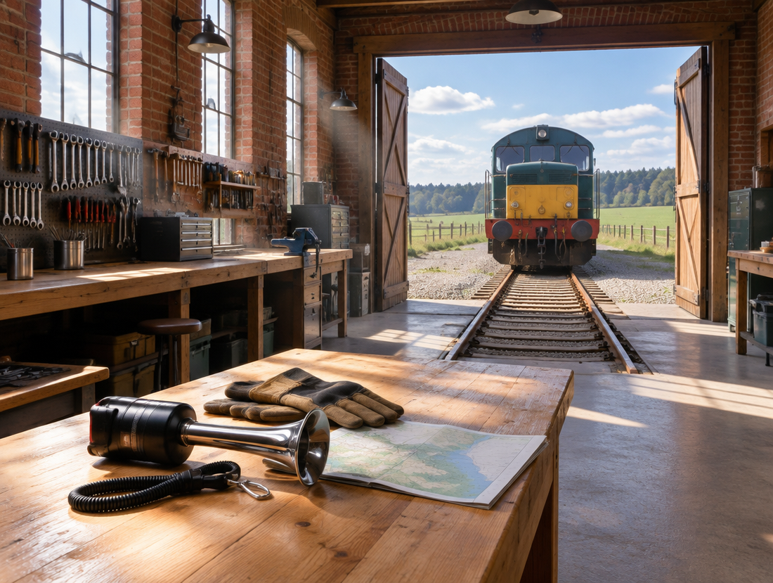 Sunlit brick engine shed workshop with a handheld air horn on a wooden bench and a locomotive standing outside.