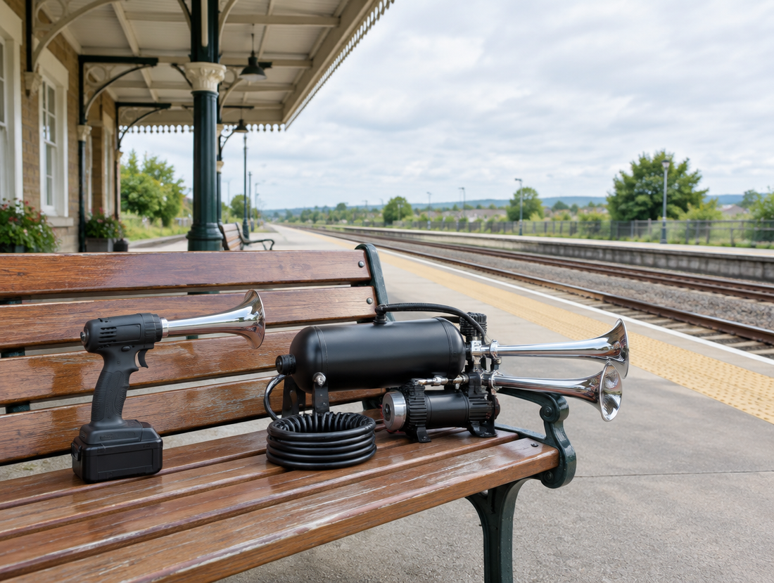 A handheld battery horn gun beside a small air tank horn kit on a bench at a bright, canopied station platform by the tracks.
