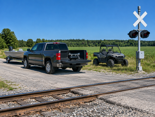 A pickup, a boat on a trailer and a UTV parked by a rural rail crossing, with a portable horn on the open tailgate.