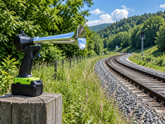 Train horn gun with a lime green battery on a fence post beside a single track curving through green summer hills.