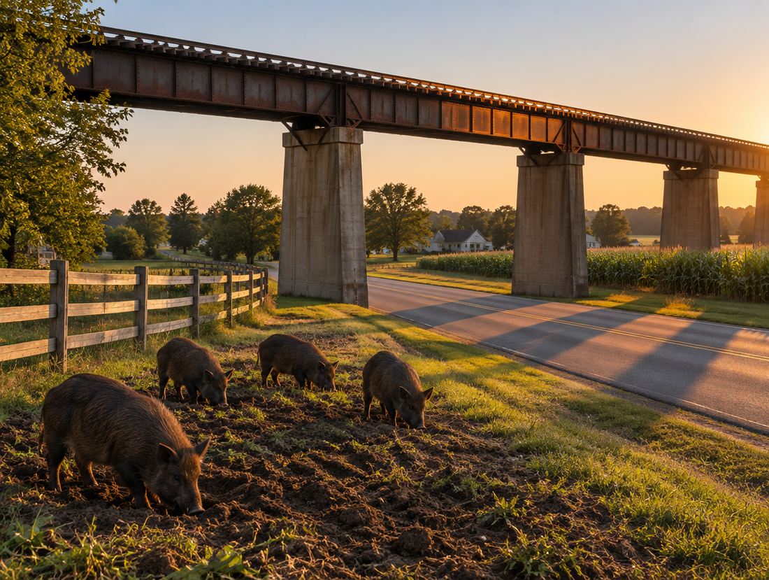Feral hogs root up a food plot at golden hour beside a street, under a steel railway viaduct carrying the track.