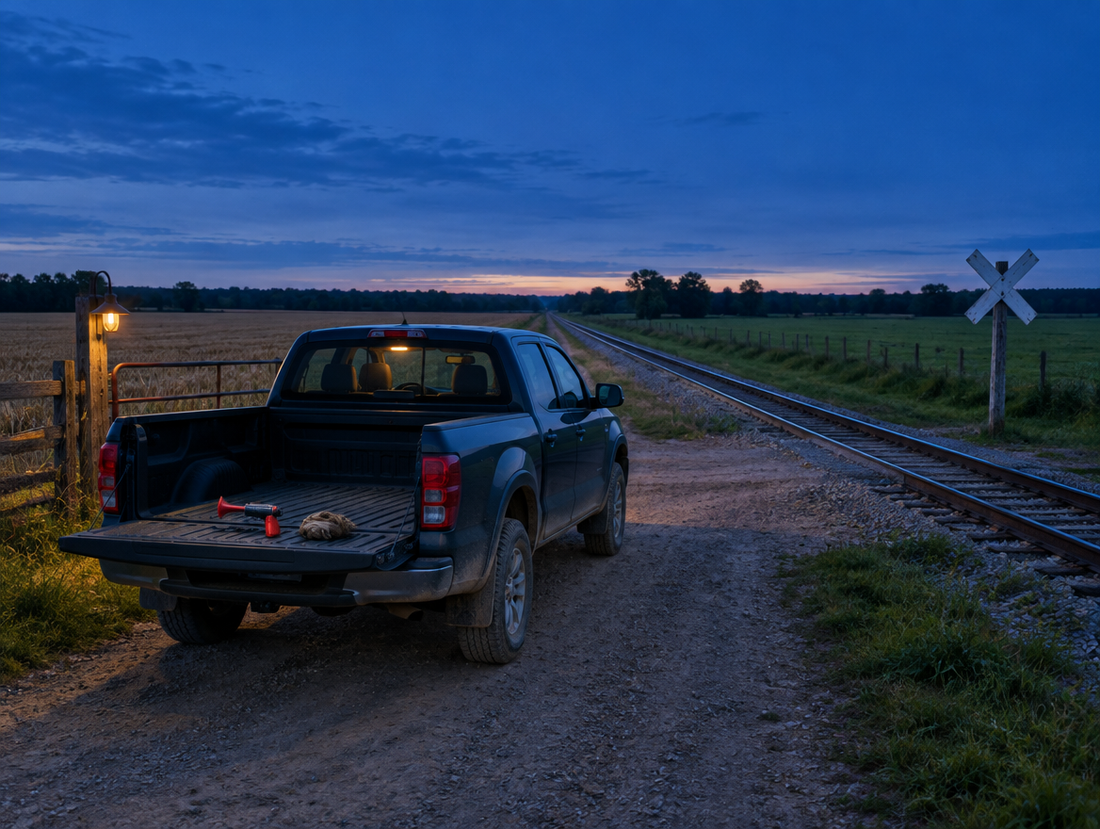 A midsize pickup parked on a dirt farm track at dusk beside a rail crossing, with a horn gun on its lowered tailgate.
