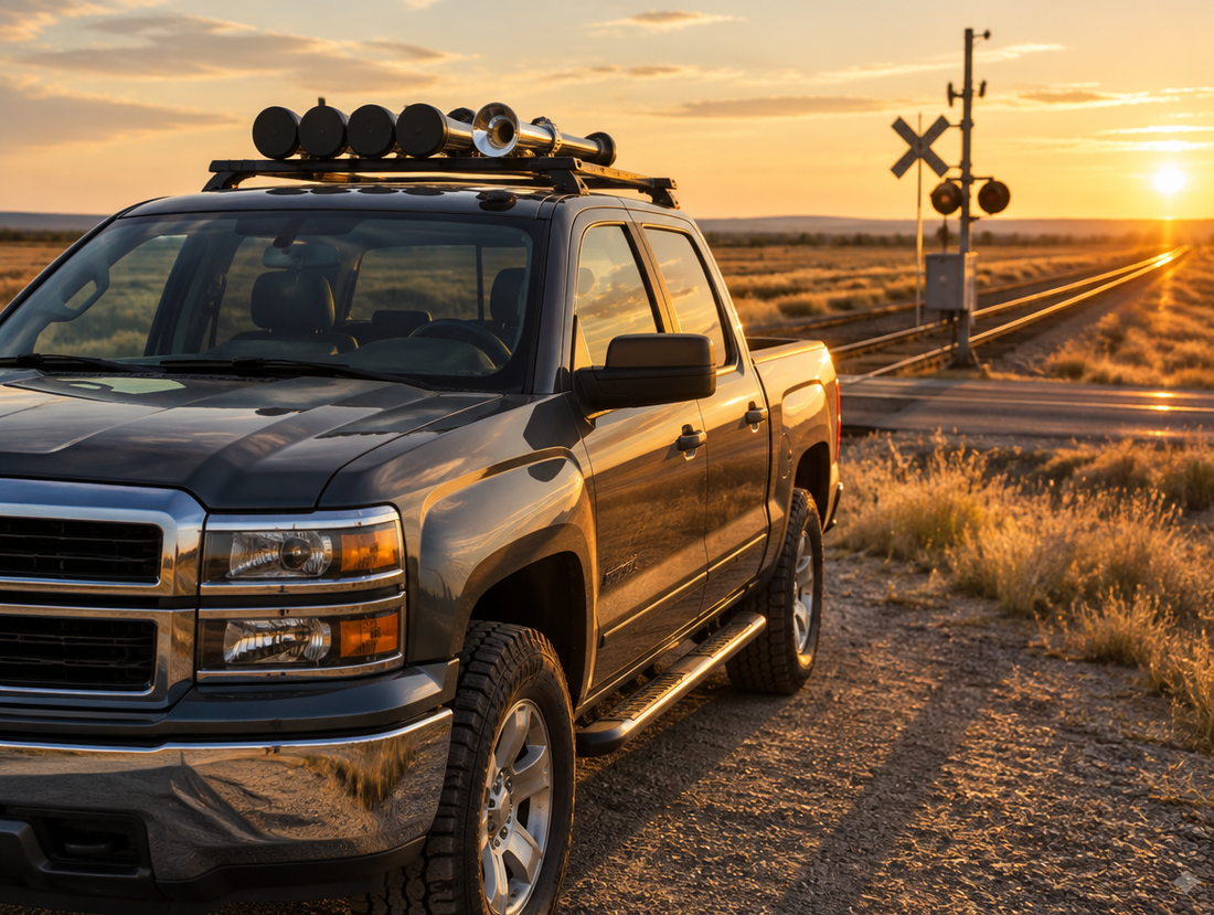 Chrome train horn trumpets with black rubber caps on a pickup roof rack beside a rural rail crossing at golden hour.