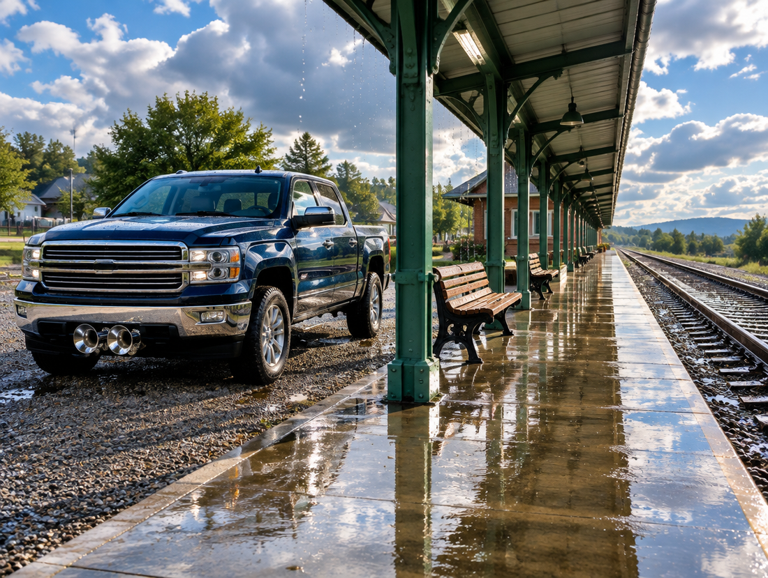 Wet pickup truck with chrome train horns aimed down a rain-soaked station platform under a bright, breaking sky