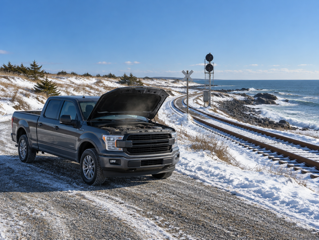 A pickup truck with its hood open parked in fresh snow beside a coastal railway line along a rocky shore.