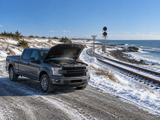 A pickup truck with its hood open parked in fresh snow beside a coastal railway line along a rocky shore.