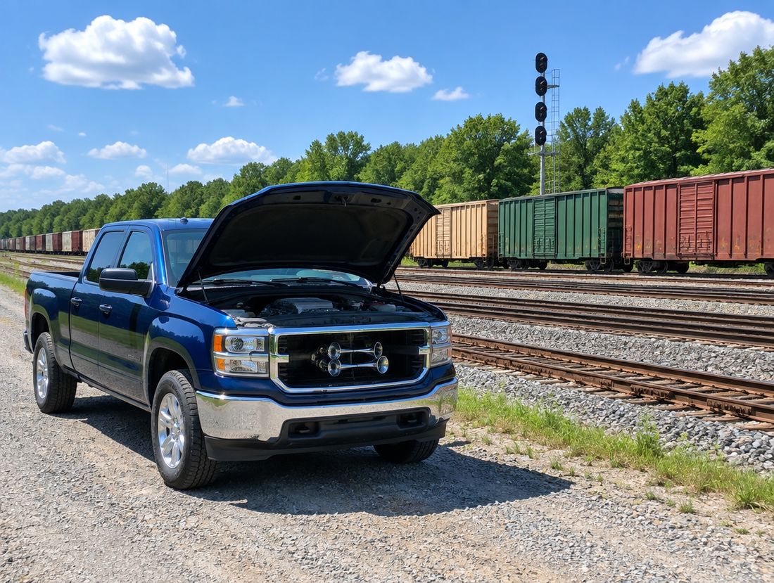 A clean pickup with its hood open, showing chrome air horns, parked beside a sunny freight yard full of boxcars.