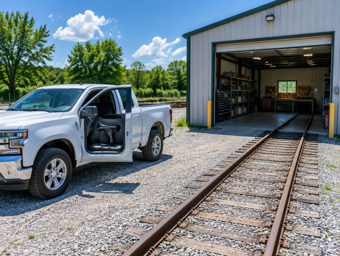 A pickup truck parked by a railway workshop in bright sun, with a train horn gun on the seat and track through the open door.