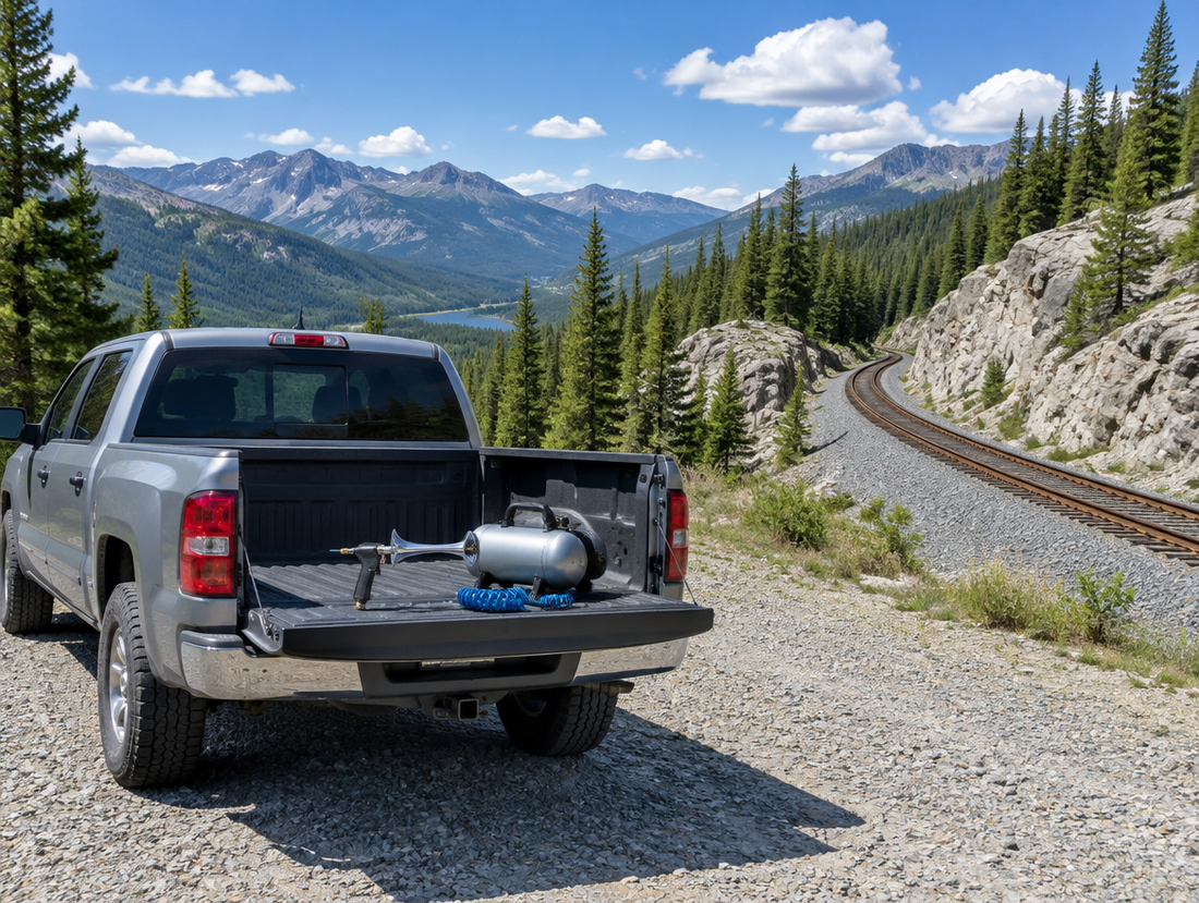 A pickup with a handheld air horn on its tailgate is parked on a gravel pull-off above a mountain rail line in pine forest.