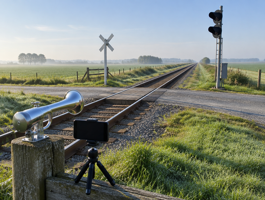 A chrome train horn and a phone on a small tripod beside a rural railroad crossing with a crossbuck at dawn