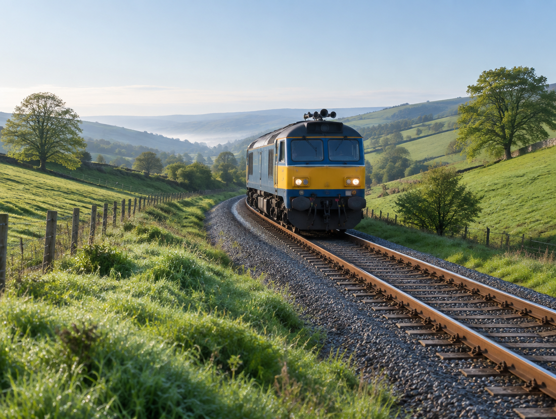 A diesel locomotive with a roof-mounted multi-trumpet air horn rounds a curving single track through green morning hills.