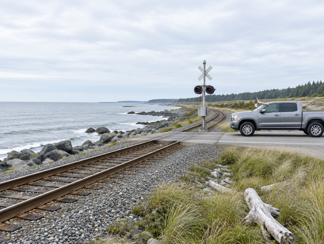 A pickup truck with its windows closed waits at a crossbuck on a coastal railway beside the sea under a bright overcast sky.