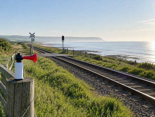 A coastal railway curves along a hazy shoreline in morning light, with a handheld air horn on a fence post by the track.