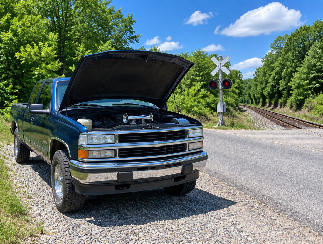 A pickup truck with its hood open and a chrome train horn fitted, parked near a rural crossing with a crossbuck and signal mast.