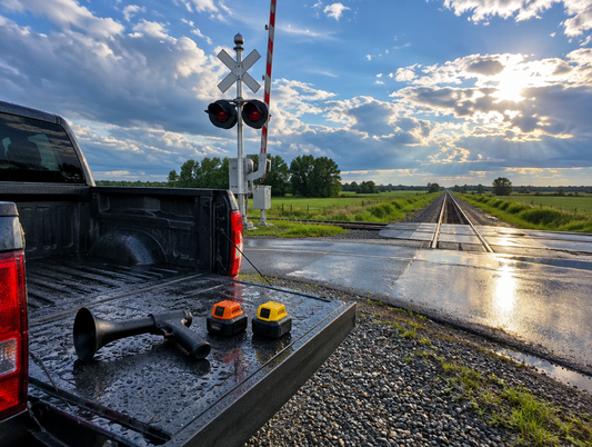 A horn gun and two cordless battery packs on a wet pickup tailgate beside a rural railroad crossing after rain.