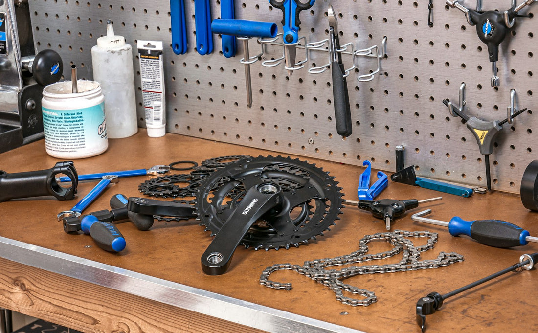 Work Bench with Bicycle Tools and Parts in Color